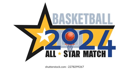 Star match. 2024. Basketball game, competition. Emblem design with a star, a basketball net for a t shirt