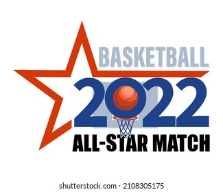 Star match. Basketball game, competition. Emblem design with star, basketball net for attributes 