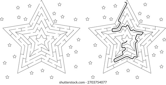 Star maze for kids with a solution in black and white
