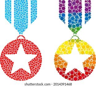 Star medal collage icon of filled circles in variable sizes and spectrum color tints. A dotted LGBT-colored star medal for lesbians, gays, bisexuals, and transgenders.