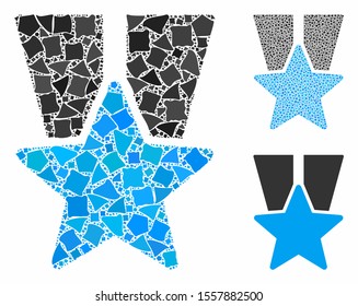 Star medal composition of abrupt pieces in variable sizes and color hues, based on star medal icon. Vector uneven pieces are united into collage. Star medal icons collage with dotted pattern.