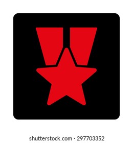 Star medal icon from Award Buttons OverColor Set. Icon style is intensive red and black colors, flat rounded square button, white background.
