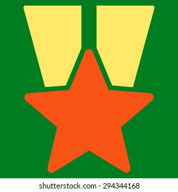 Star medal icon from Competition & Success Bicolor Icon Set. Vector style: flat bicolor symbols, orange and yellow colors, rounded angles, green background.