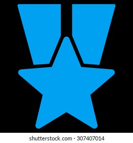 Star medal icon. Vector style is flat symbols, blue color, rounded angles, black background.