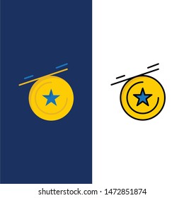 Star, Medal  Icons. Flat and Line Filled Icon Set Vector Blue Background