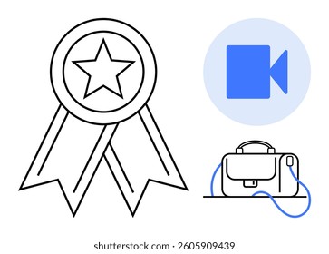 Star medal symbolizing excellence, video camera icon for digital content, and briefcase indicating business. Ideal for corporate recognition, digital content, business, professional services, awards