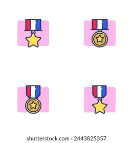 Conjunto de iconos de línea de medallas de estrella. Medallas de oro con dispositivo de suspensión. Concepto de triunfo o logro. Elemento de símbolo de ilustración vectorial para diseño web y aplicaciones