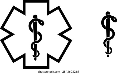 Star medicine with caduceus snake icon set. Emergency medical black flat vector collection isolated on transparent background. Pharmacy symbol health care sign for hospital ambulance