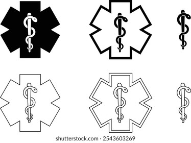 Star medicine with caduceus snake icon set. Emergency medical black flat and line vector collection isolated on transparent background. Pharmacy symbol health care sign for hospital ambulance