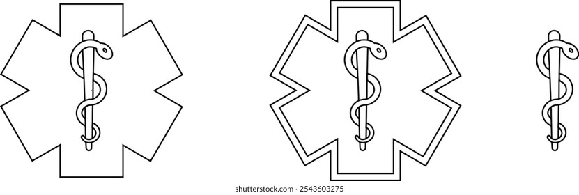 Star medicine with caduceus snake icon set. Emergency medical black line vector collection isolated on transparent background. Pharmacy symbol health care sign for hospital ambulance