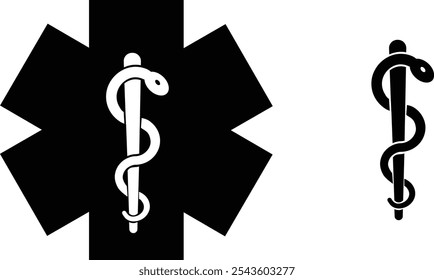 Star medicine with caduceus snake icon set. Emergency medical black flat vector collection isolated on transparent background. Pharmacy symbol health care sign for hospital ambulance