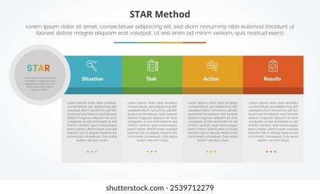 STAR method infographic concept for slide presentation with big table shape big header and circle edge with 4 point list with flat style vector