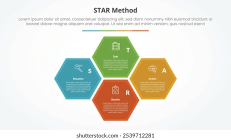 STAR method infographic concept for slide presentation with hexagonal structure cycle circular on center with 4 point list with flat style vector