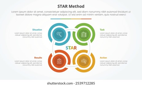 STAR method infographic concept for slide presentation with creative outline circle cycle create square shape with 4 point list with flat style vector