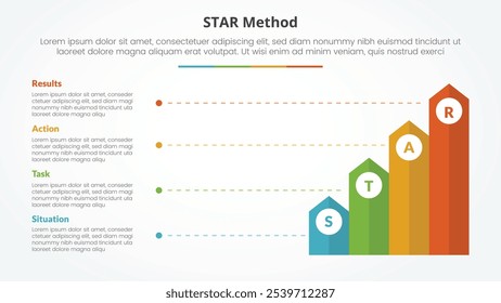 Concepto de infografía del método STAR para presentación de diapositivas con flecha de rectángulo de Vertical con descripción de línea con lista de 4 puntos con Vector de estilo plano