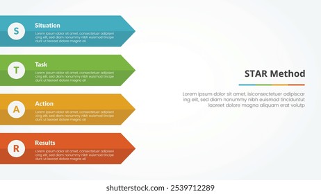 STAR method infographic concept for slide presentation with rectangle arrow on left side with 4 point list with flat style vector