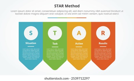 STAR-Methode Infografik-Konzept für Dia-Präsentation mit Pfeil-Badge-Form untere Richtung mit 4-Punkt-Liste mit flachen Stil Vektor