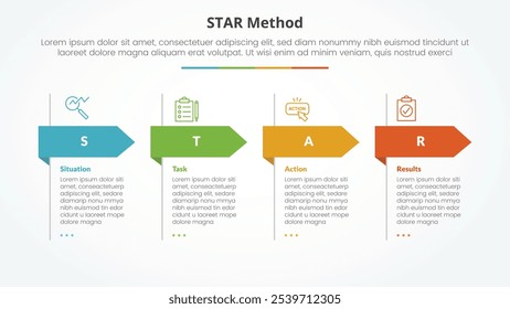 STAR method infographic concept for slide presentation with big header arrow shape with 4 point list with flat style vector