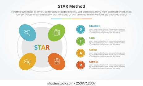 Concepto de infografía del método STAR para la presentación de diapositivas con forma redonda en círculo de contorno con lista de 4 puntos con Vector de estilo plano