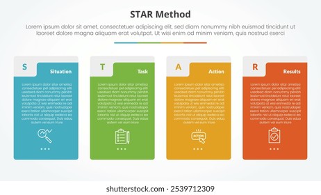 STAR-Methode Infografik-Konzept für Dia-Präsentation mit großer vertikaler Box Tisch-Form mit 4-Punkt-Liste mit flachen Stil Vektor