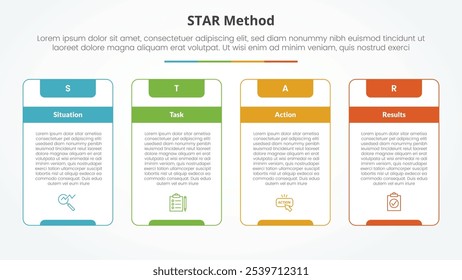 STAR method infographic concept for slide presentation with big outline table box and strong header with 4 point list with flat style vector