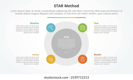 STAR method infographic concept for slide presentation with big circle and small on edge with 4 point list with flat style vector