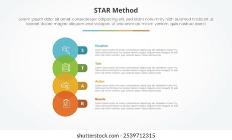 STAR method infographic concept for slide presentation with big circle venn and round rectangle with 4 point list with flat style vector