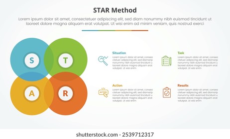 STAR method infographic concept for slide presentation with big circle blending create square shape with 4 point list with flat style vector