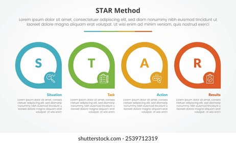 STAR method infographic concept for slide presentation with big outline circle on horizontal direction with 4 point list with flat style vector