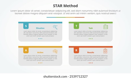 Concepto de infografía del método STAR para la presentación de diapositivas con el envase largo de la caja del rectángulo con el encabezado colorido de la insignia con la lista de 4 puntos con el Vector plano del estilo