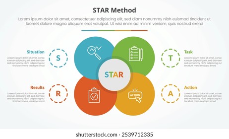 STAR method infographic concept for slide presentation with big flower center circle venn combination with 4 point list with flat style vector