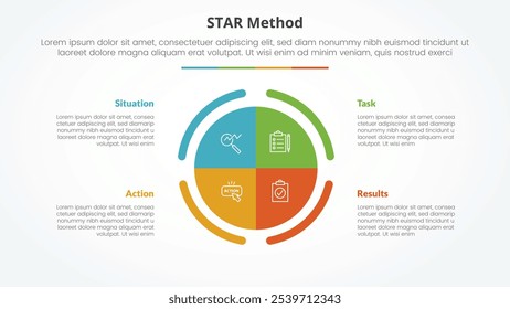 STAR method infographic concept for slide presentation with big circle piechart center with 4 point list with flat style vector