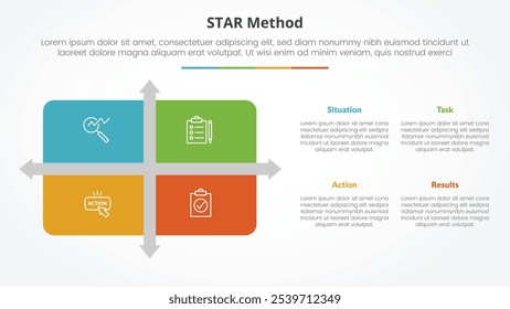 STAR method infographic concept for slide presentation with matrix structure with arrow shape divider with 4 point list with flat style vector