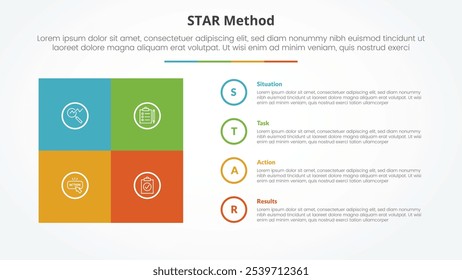 Conceito infográfico do método STAR para apresentação de slides com matriz de caixa quadrada com pilha de contorno de círculo com lista de 4 pontos com vetor de estilo plano