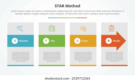 STAR method infographic concept for slide presentation with big box and arrow shape through with 4 point list with flat style vector