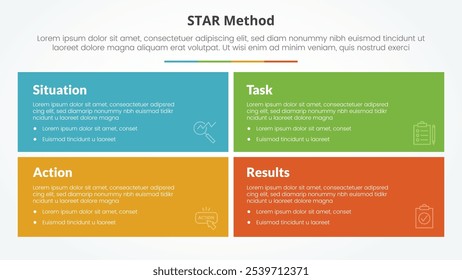 STAR method infographic concept for slide presentation with big rectangle box with matrix structure with 4 point list with flat style vector