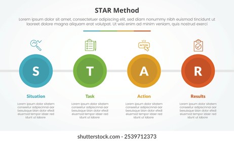 STAR method infographic concept for slide presentation with big circle and horizontal direction with 4 point list with flat style vector