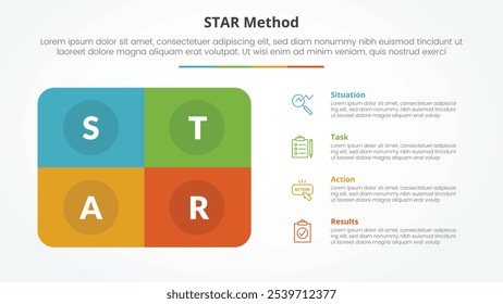 STAR method infographic concept for slide presentation with round box rectangle with 4 point list with flat style vector