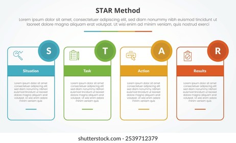 STAR method infographic concept for slide presentation with outline box table and circle badge with 4 point list with flat style vector