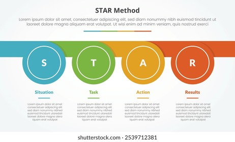 Conceito infográfico do método STAR para apresentação de slide com forma de assobio circular horizontal com lista de 4 pontos com vetor de estilo plano