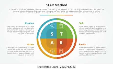 STAR method infographic concept for slide presentation with big circle pie chart with 4 point list with flat style vector