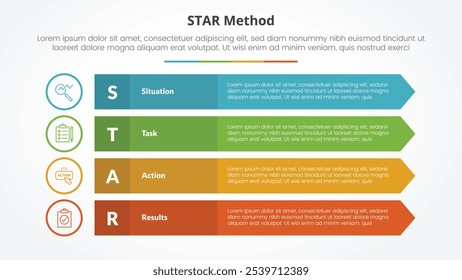 Concepto de infografía de método STAR para presentación de diapositivas con rectángulo largo con borde de flecha con lista de 4 puntos con Vector de estilo plano
