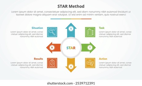 STAR method infographic concept for slide presentation with big circle and arrow spreading with 4 point list with flat style vector