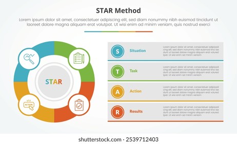 Concepto de infografía del método STAR para la presentación de diapositivas con círculo de contorno grande y pila de descripción de caja con lista de 4 puntos con Vector de estilo plano