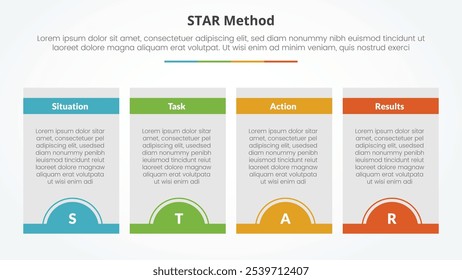 Concepto de infografía del método STAR para la presentación de diapositivas con la tabla de la caja y la insignia del medio círculo en la parte inferior con la lista de 4 puntos con el Vector plano del estilo