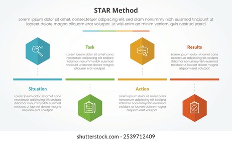 Concepto de infografía del método STAR para la presentación de diapositivas con estilo de línea de tiempo de forma hexagonal o hexagonal con lista de 4 puntos con Vector de estilo plano