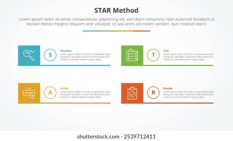 STAR-Methode Infografik-Konzept für Dia-Präsentation mit kreativer quadratischer Box und Line-Bottom mit 4-Punkt-Liste mit flachem Stil Vektor