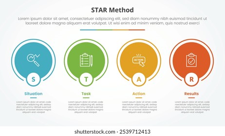 STAR method infographic concept for slide presentation with big circle outline on horizontal direction with 4 point list with flat style vector