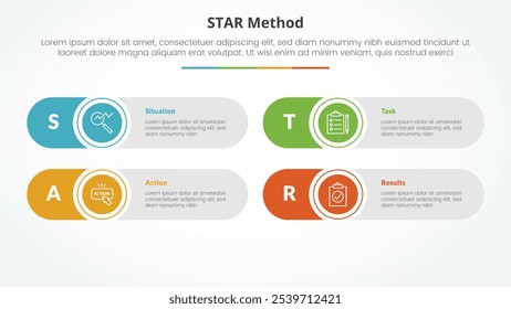 STAR-Methode Infografik-Konzept für Folienpräsentation mit rundem Rechteck kreative Form mit 4-Punkt-Liste mit flachen Stil Vektor