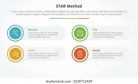 STAR method infographic concept for slide presentation with big circle on outline with round rectangle box with 4 point list with flat style vector